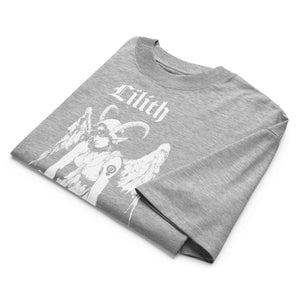 Oversized organic cotton t-shirt featuring a large black-and-white Lilith illustration with gothic text.