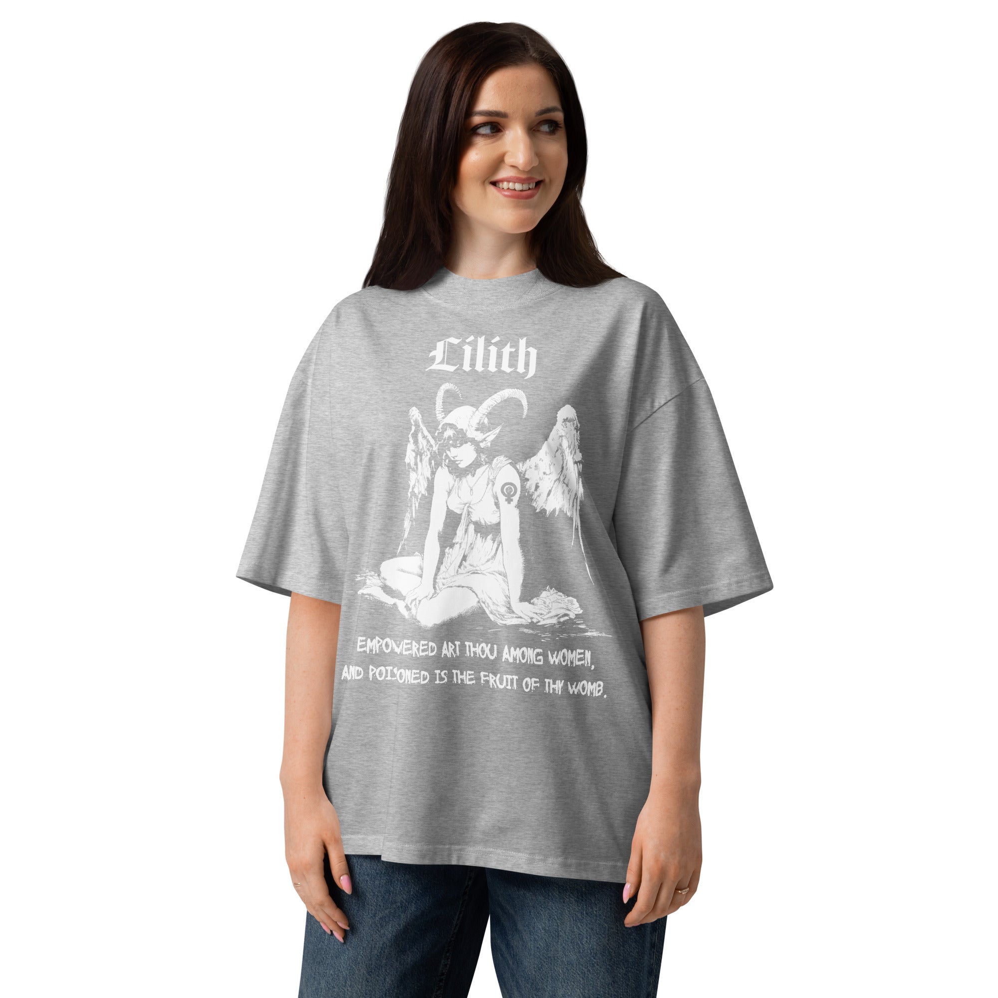 Oversized organic cotton t-shirt featuring a large black-and-white Lilith illustration with gothic text.