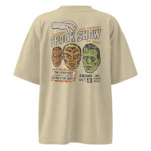 A distressed intage poster with Dracula, Wolfman, and Frankenstein; One Night Only type on a premium organic oversized French stone t-shirt.