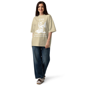 Oversized organic cotton t-shirt featuring a large black-and-white Lilith illustration with gothic text.