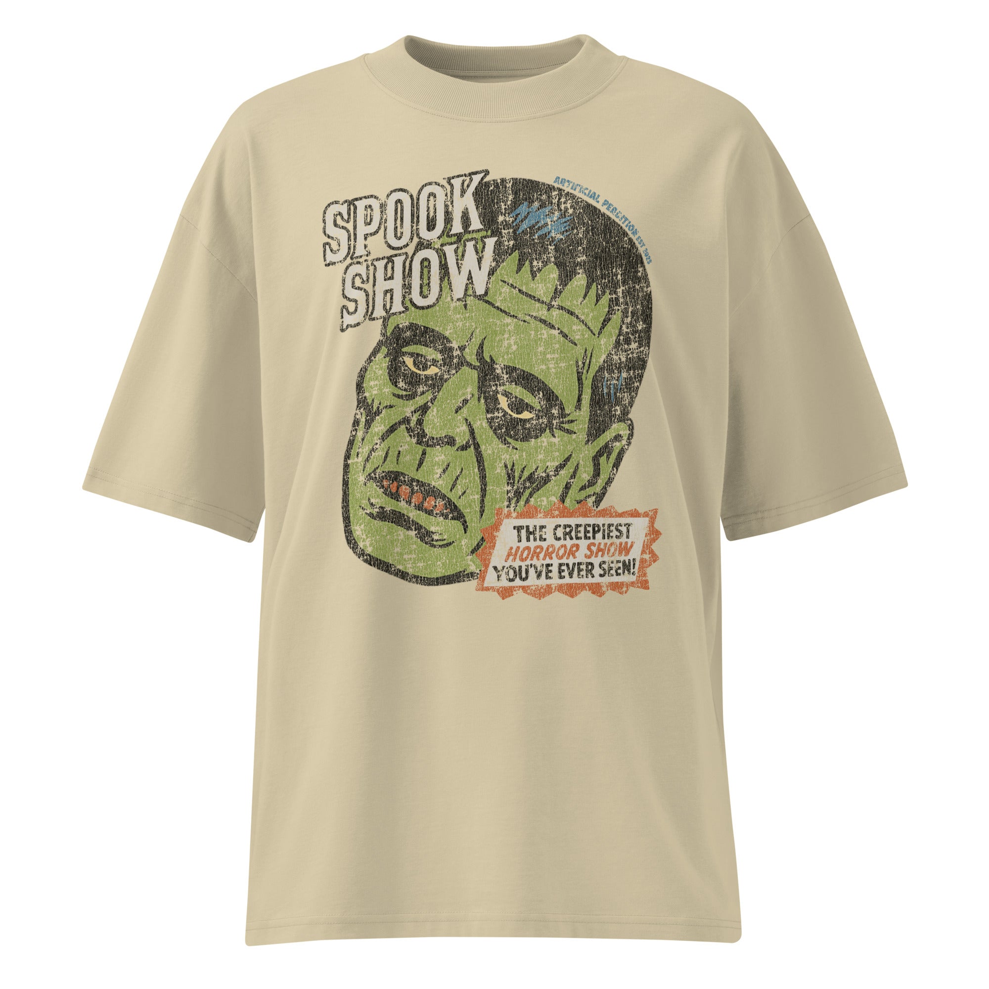 Distressed Frankenstein head with “Spook Show” on a premium organic oversized stone t-shirt.
