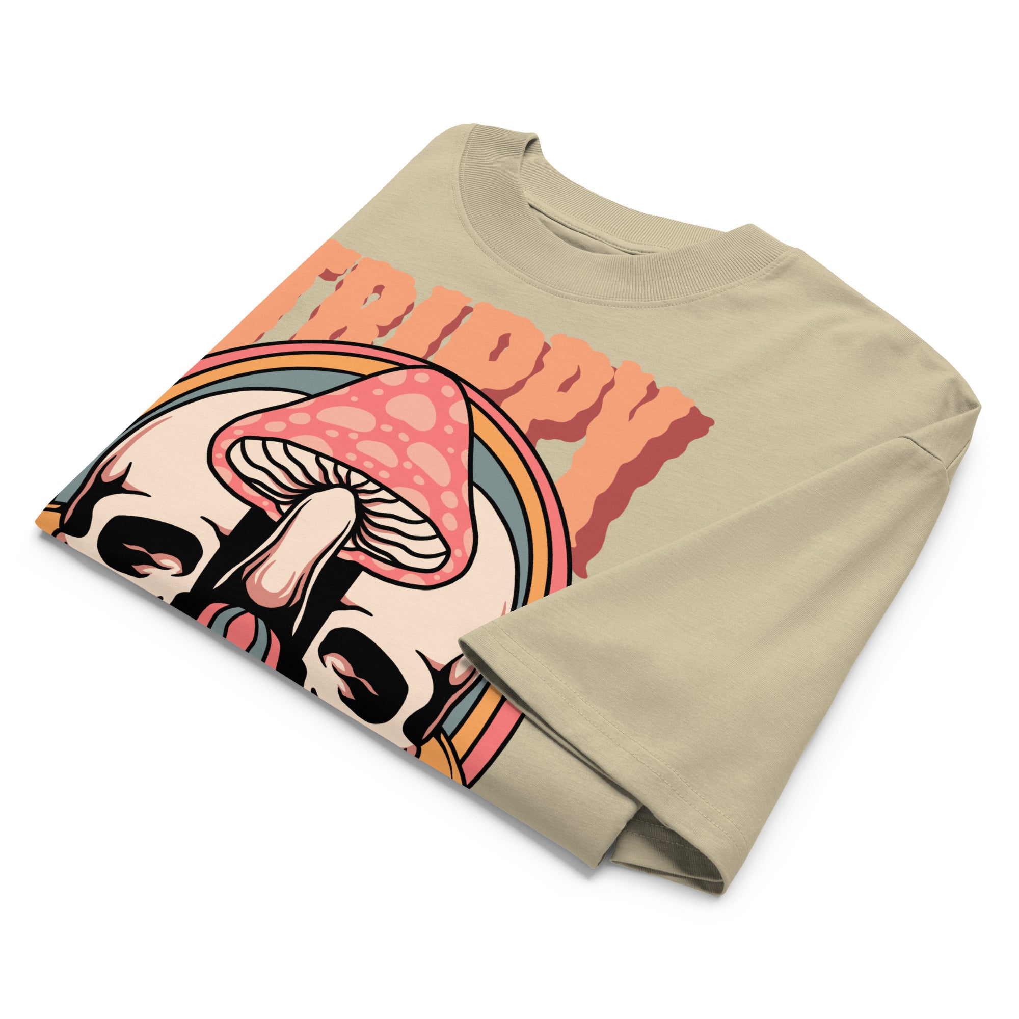 Oversized organic cotton t-shirt showing a split skull pierced by a pink mushroom, with melting psychedelic shapes and small smiley faces.