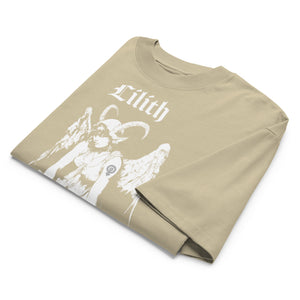 Oversized organic cotton t-shirt featuring a large black-and-white Lilith illustration with gothic text.