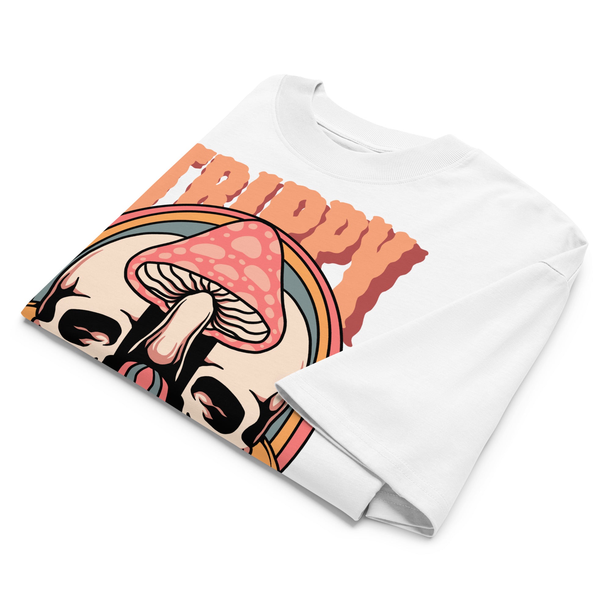 Oversized organic cotton t-shirt showing a split skull pierced by a pink mushroom, with melting psychedelic shapes and small smiley faces.