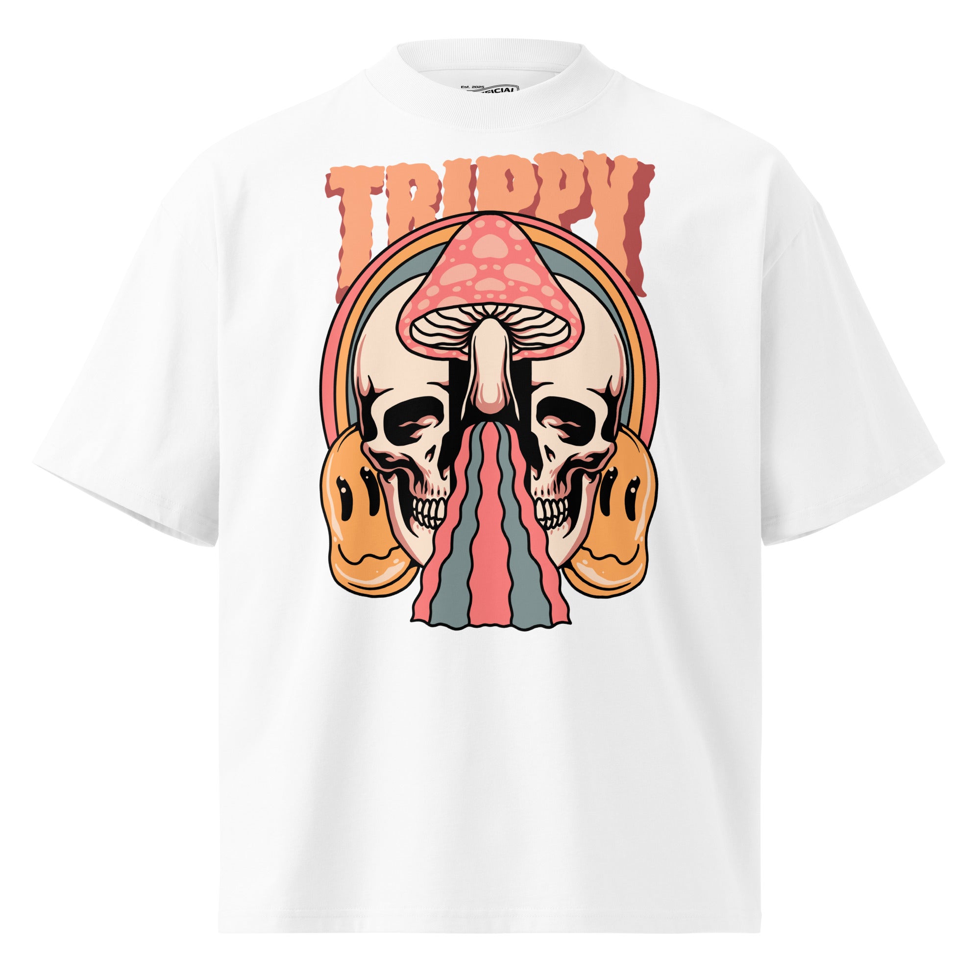Oversized organic cotton t-shirt showing a split skull pierced by a pink mushroom, with melting psychedelic shapes and small smiley faces.