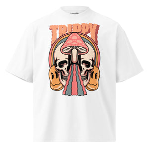 Oversized organic cotton t-shirt showing a split skull pierced by a pink mushroom, with melting psychedelic shapes and small smiley faces.