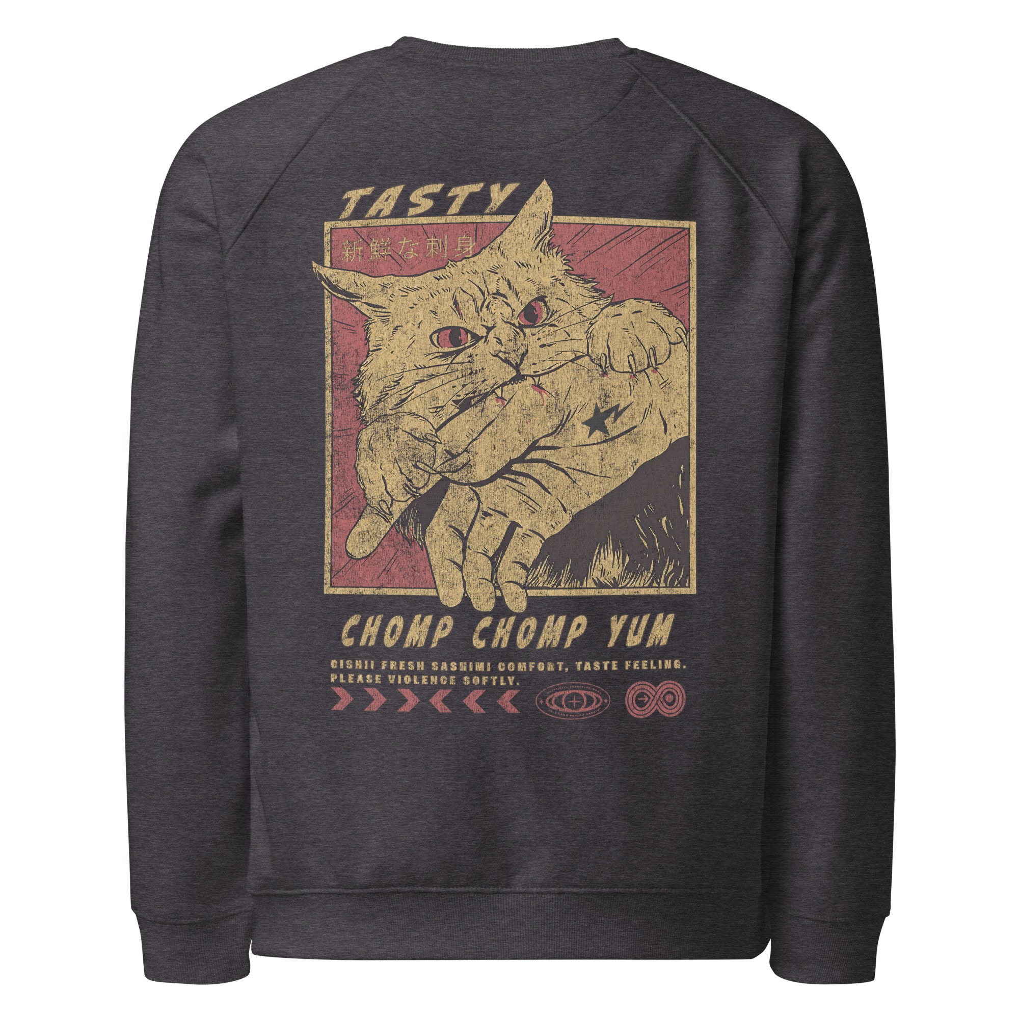 Back view of Charcoal Melange Sweatshirt with NEKO DAIMON print