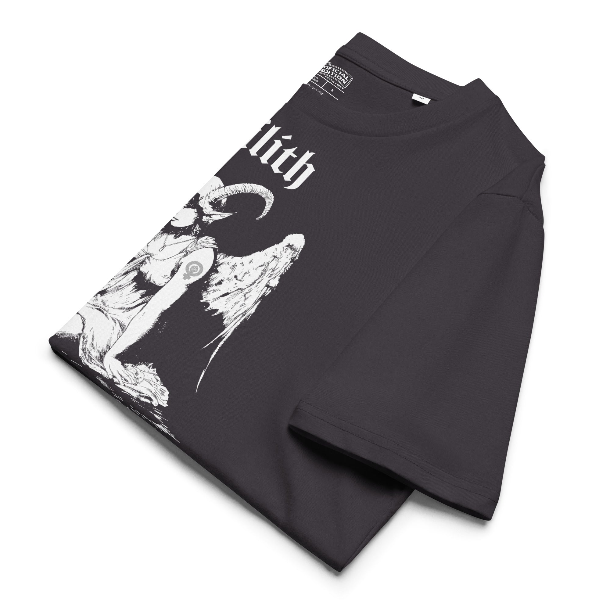 Heavyweight organic cotton t-shirt with black-and-white Lilith illustration and gothic text.