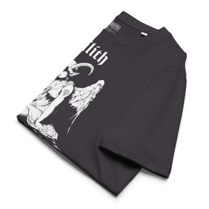 Heavyweight organic cotton t-shirt with black-and-white Lilith illustration and gothic text.