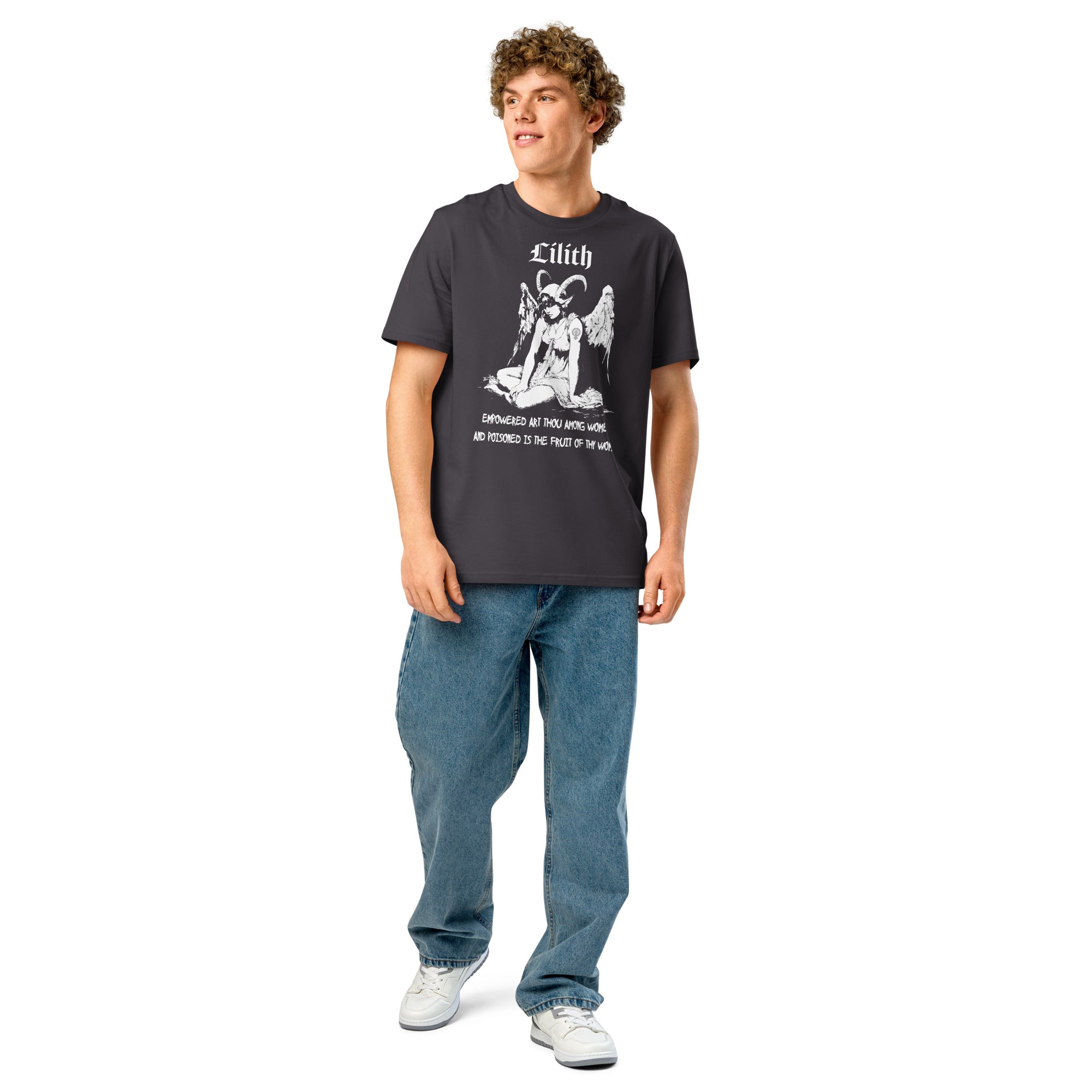 Heavyweight organic cotton t-shirt with black-and-white Lilith illustration and gothic text.