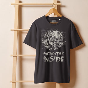Black heavyweight organic cotton t-shirt featuring horned monster emerging from a ritual circle with fragmented script.