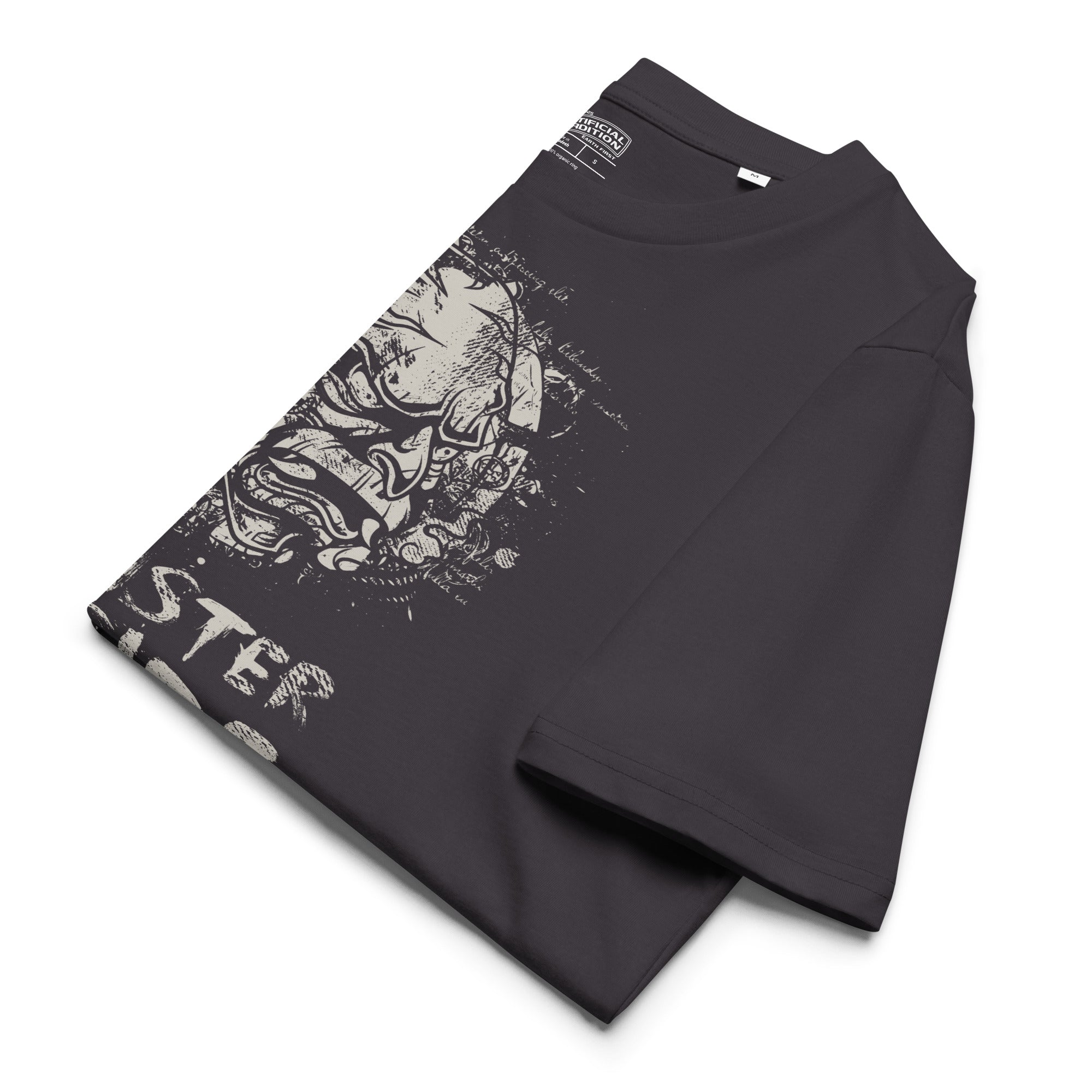 Black heavyweight organic cotton t-shirt featuring horned monster emerging from a ritual circle with fragmented script.