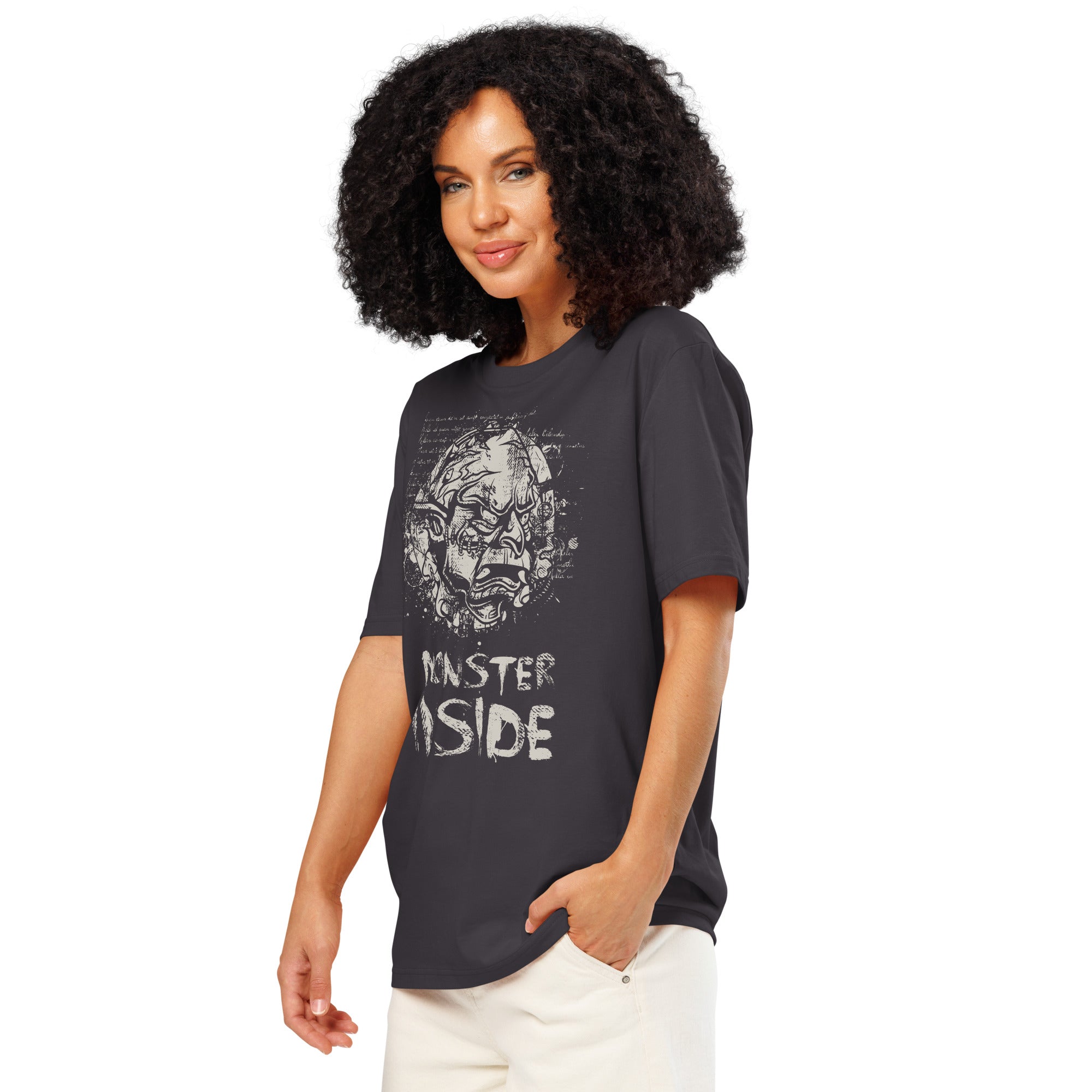 Black heavyweight organic cotton t-shirt featuring horned monster emerging from a ritual circle with fragmented script.