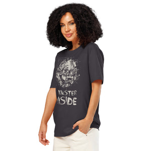Black heavyweight organic cotton t-shirt featuring horned monster emerging from a ritual circle with fragmented script.