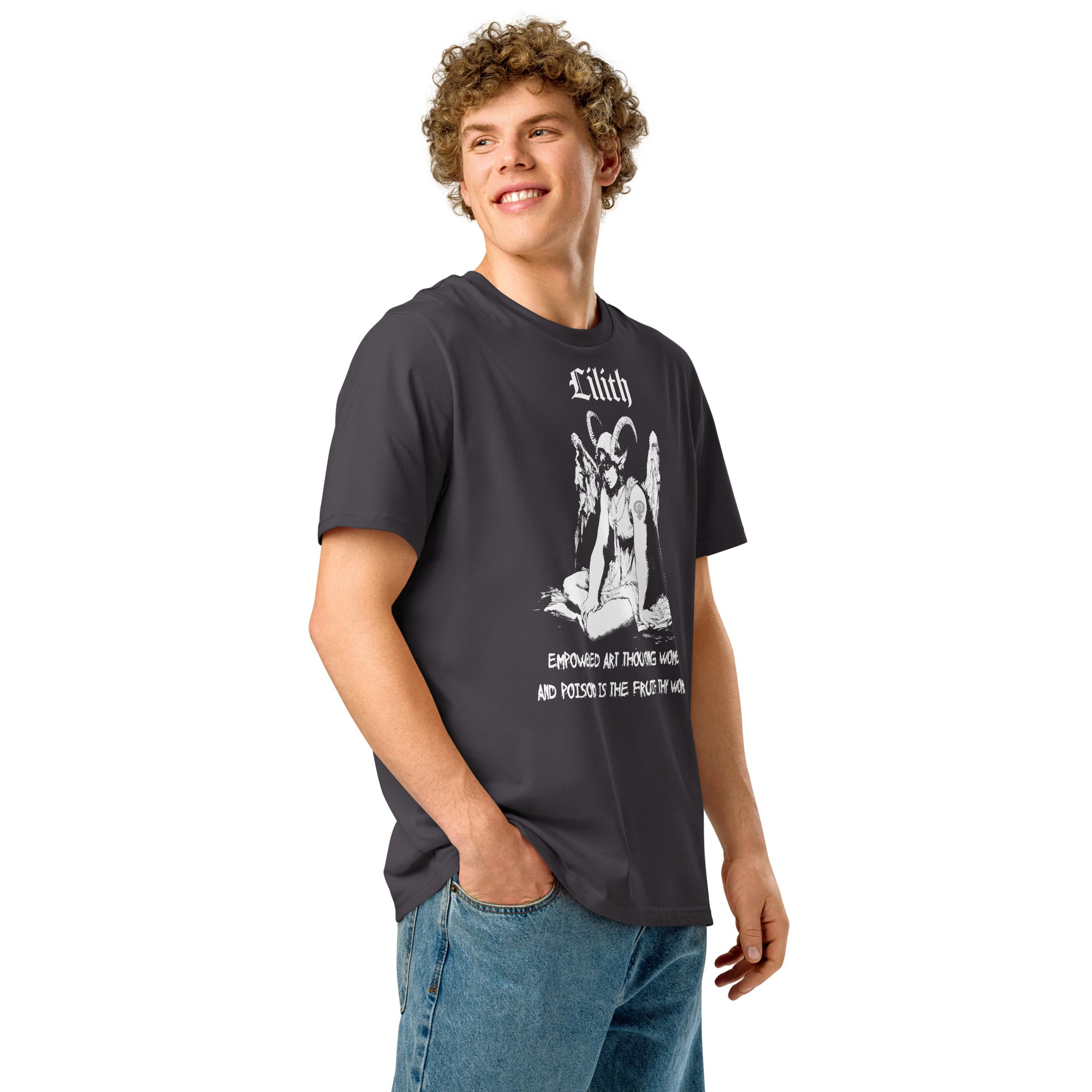 Heavyweight organic cotton t-shirt with black-and-white Lilith illustration and gothic text.