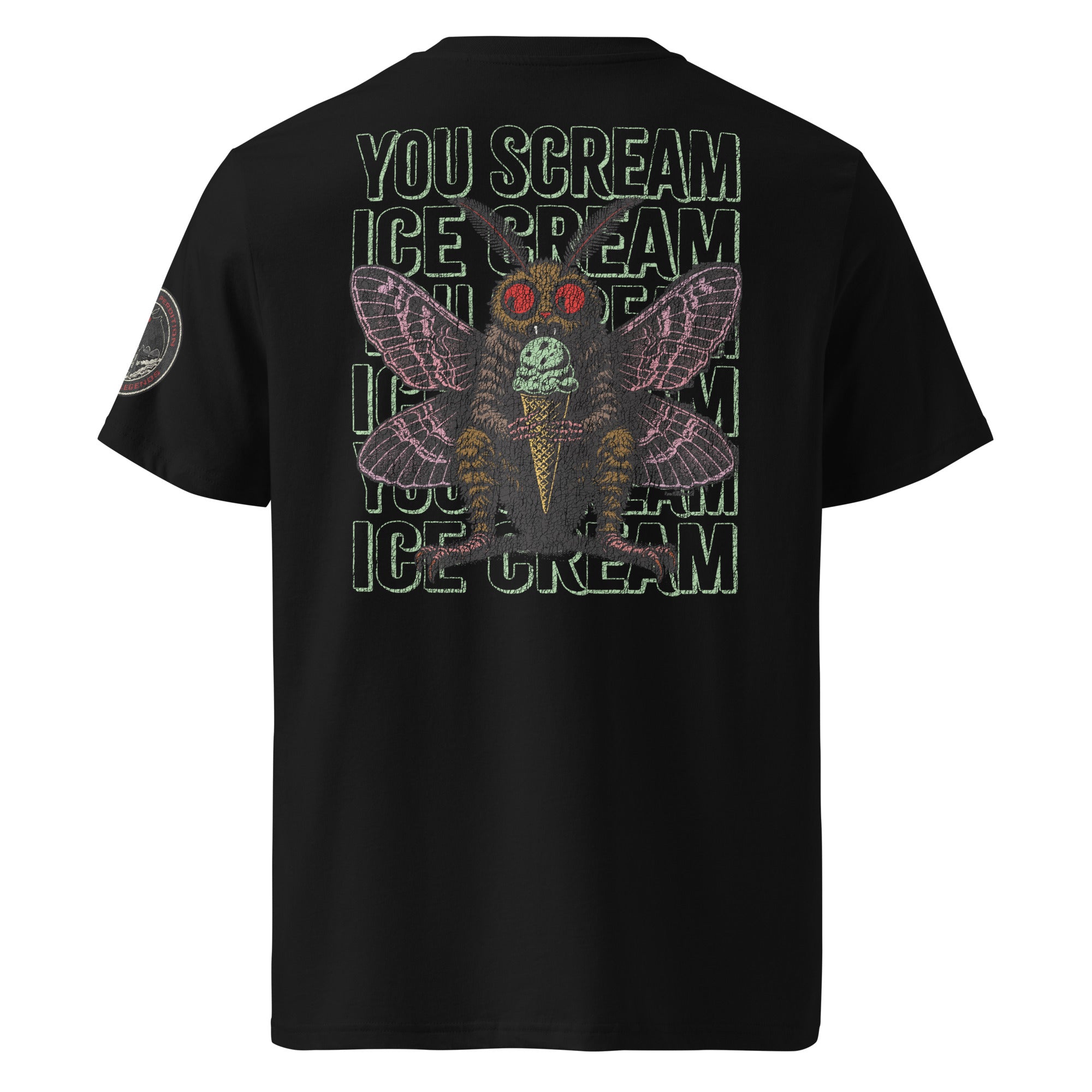 The back of a black heavyweight tee featuring Mothman eating an ice cream cone with the repeating words "you scream | ice scream."