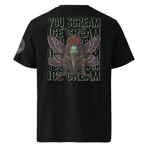 The back of a black heavyweight tee featuring Mothman eating an ice cream cone with the repeating words "you scream | ice scream."