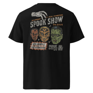 A distressed vintage poster image with Dracula, Wolfman, and Frankenstein; One Night Only type on a premium organic black heavyweight t-shirt.