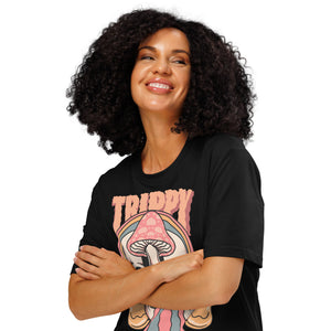 Heavyweight organic cotton t-shirt featuring a split skull pierced by a pink mushroom, with melting psychedelic shapes and small smiley faces.