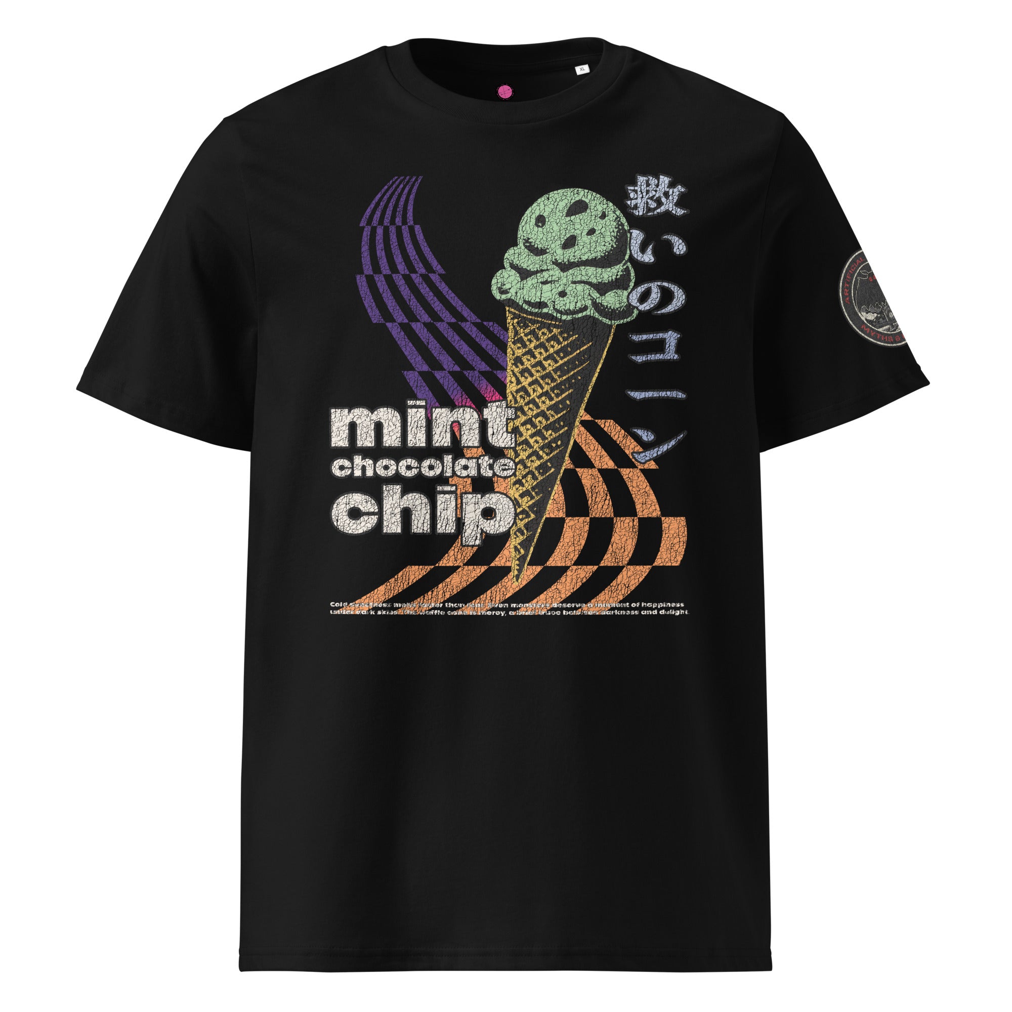 The front of a black heavyweight tee featuring the words "mint chocolate chip" with a neon mint chip cone and the Japanese kanji 救いのコーン (Sukui no kōn) — “Cone of Salvation.”