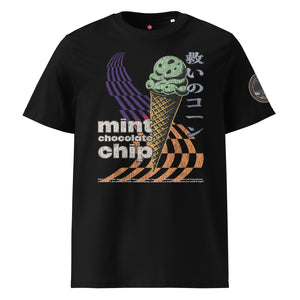 The front of a black heavyweight tee featuring the words "mint chocolate chip" with a neon mint chip cone and the Japanese kanji 救いのコーン (Sukui no kōn) — “Cone of Salvation.”