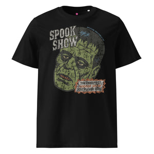 Distressed Frankenstein head with “Spook Show” on a premium organic heavyweight black tee.