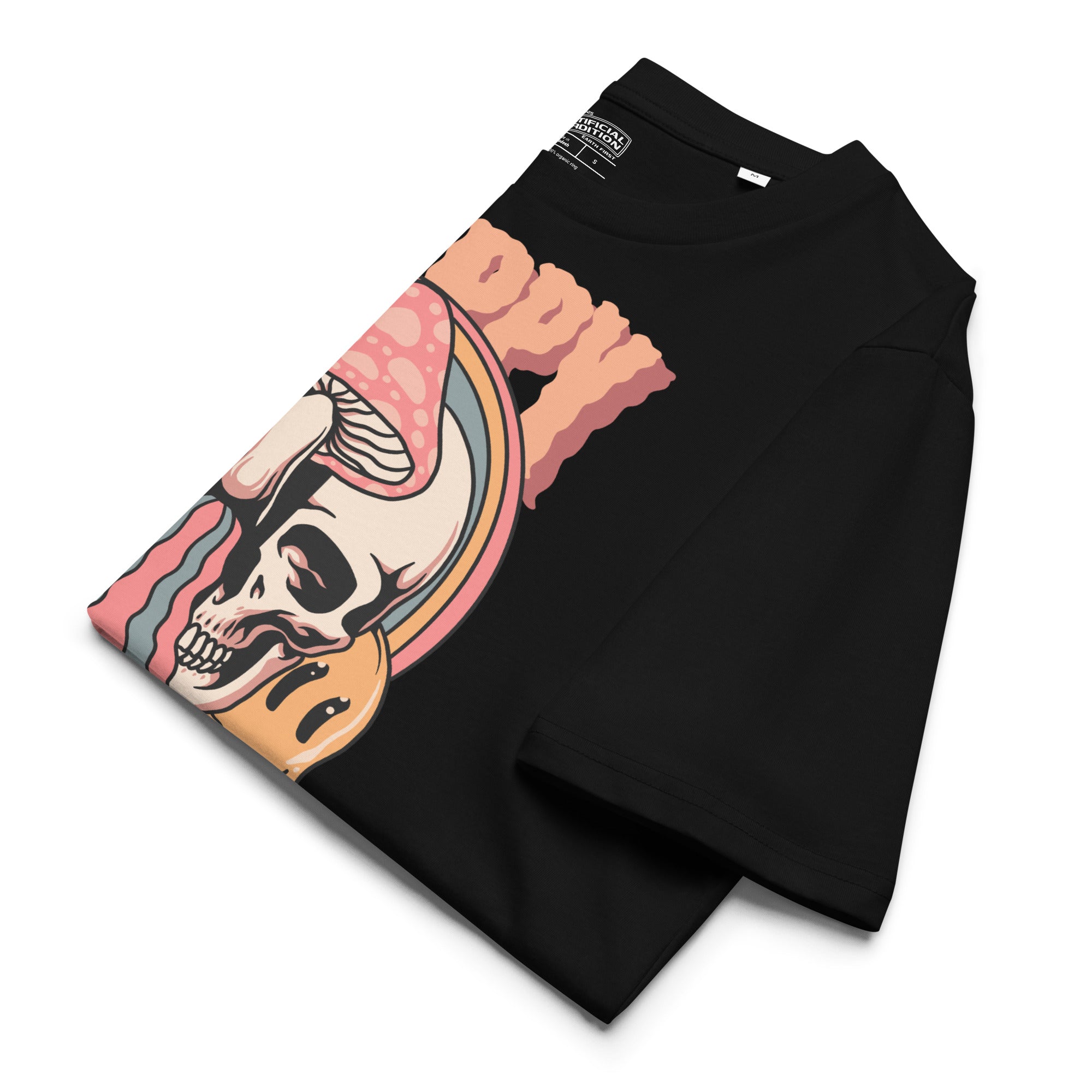 Heavyweight organic cotton t-shirt featuring a split skull pierced by a pink mushroom, with melting psychedelic shapes and small smiley faces.