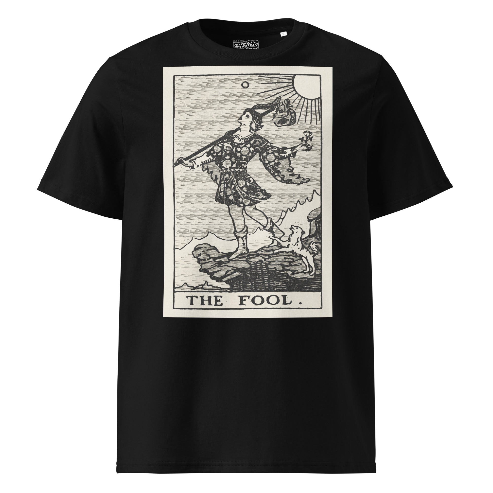 Heavyweight organic cotton t-shirt with The Fool tarot illustration rendered in modern woodcut style.