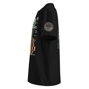 The side view of a black heavyweight tee featuring  the a circular badge of mothman over a bridge with the words "artificial perdition | myths & legends."