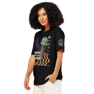 The left facing side of a woman wearing a black heavyweight tee featuring the words "mint chocolate chip" wit a neon mint chip cone and the Japanese kanji 救いのコーン (Sukui no kōn) — “Cone of Salvation." There is a circular badge of mothman over a bridge with the words "artificial perdition | myths & legends."