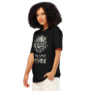 Black heavyweight organic cotton t-shirt featuring horned monster emerging from a ritual circle with fragmented script.