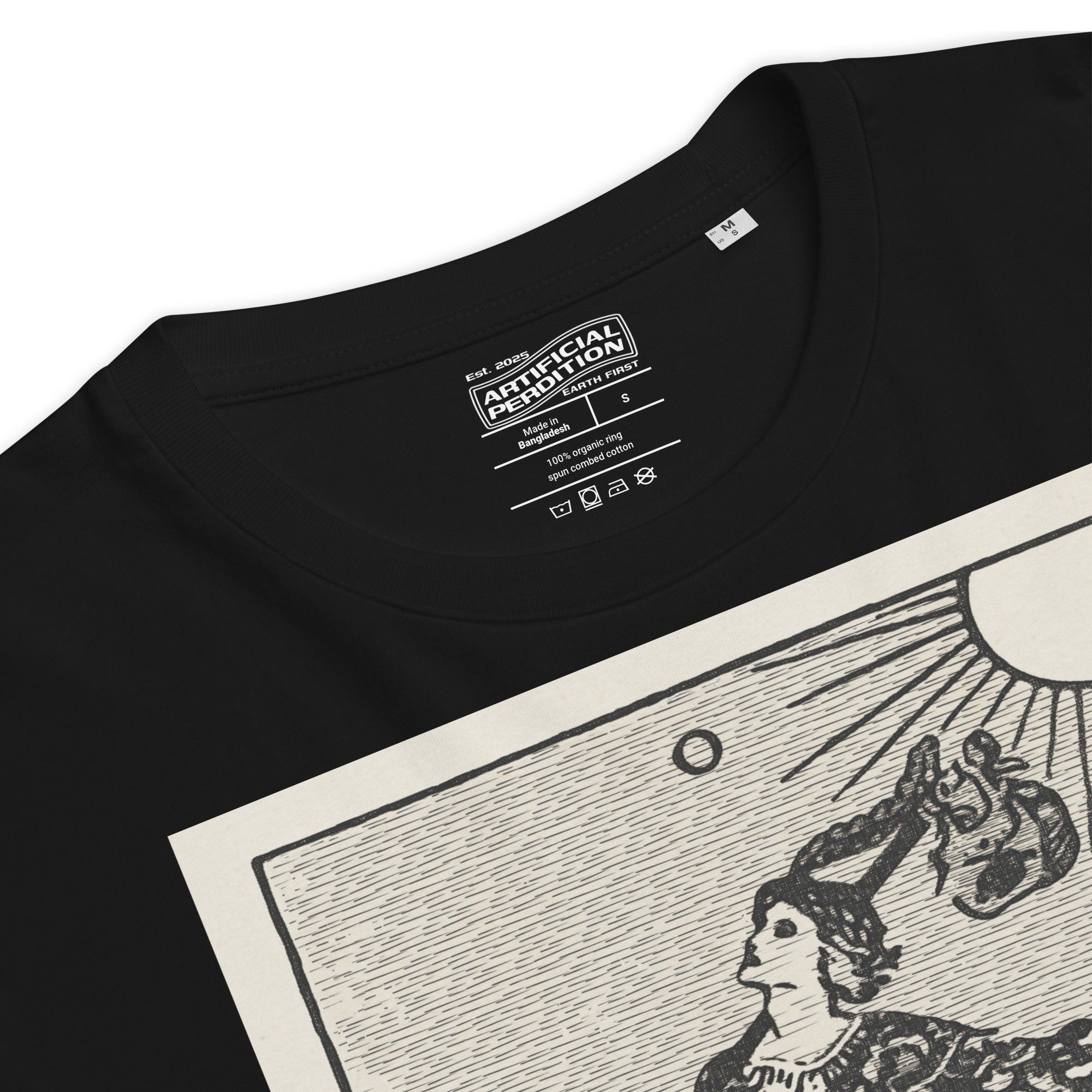 Heavyweight organic cotton t-shirt with The Fool tarot illustration rendered in modern woodcut style.