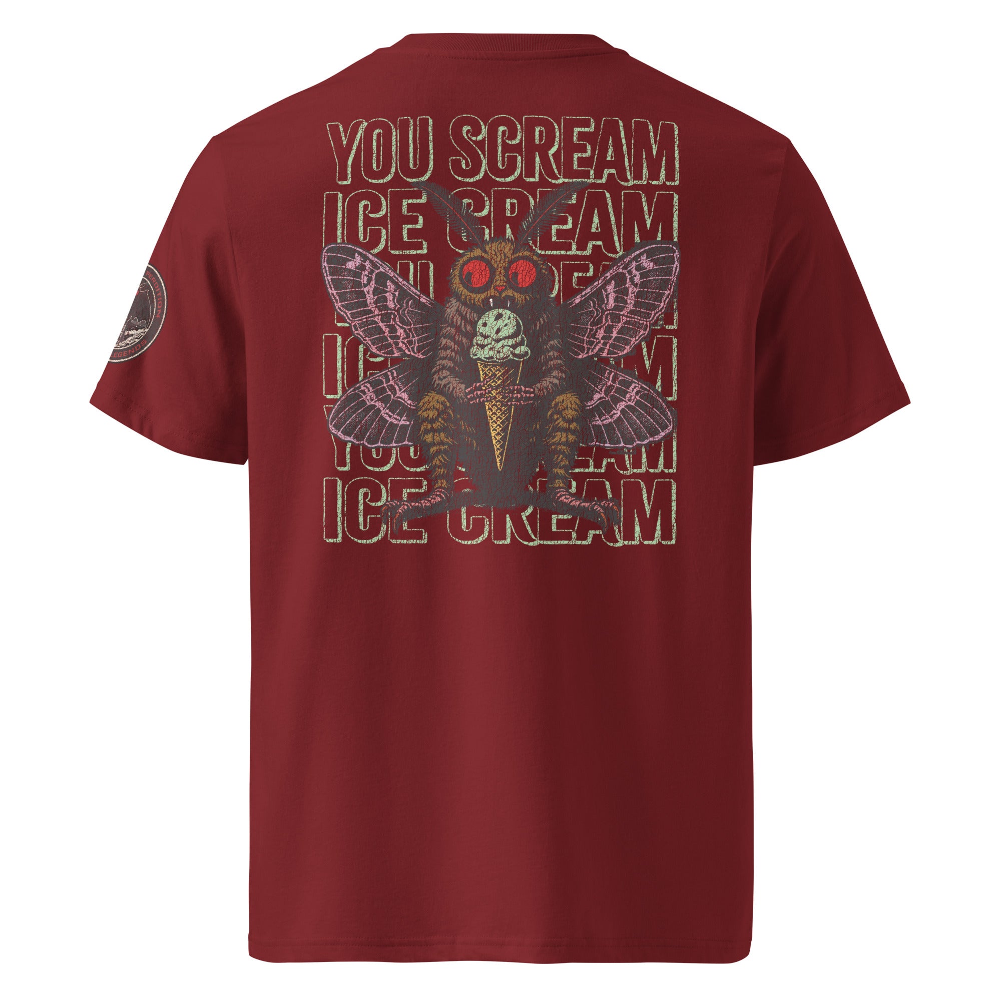 The back of a burgundy heavyweight tee featuring Mothman eating an ice cream cone with the repeating words "you scream | ice scream."