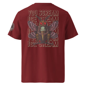The back of a burgundy heavyweight tee featuring Mothman eating an ice cream cone with the repeating words "you scream | ice scream."