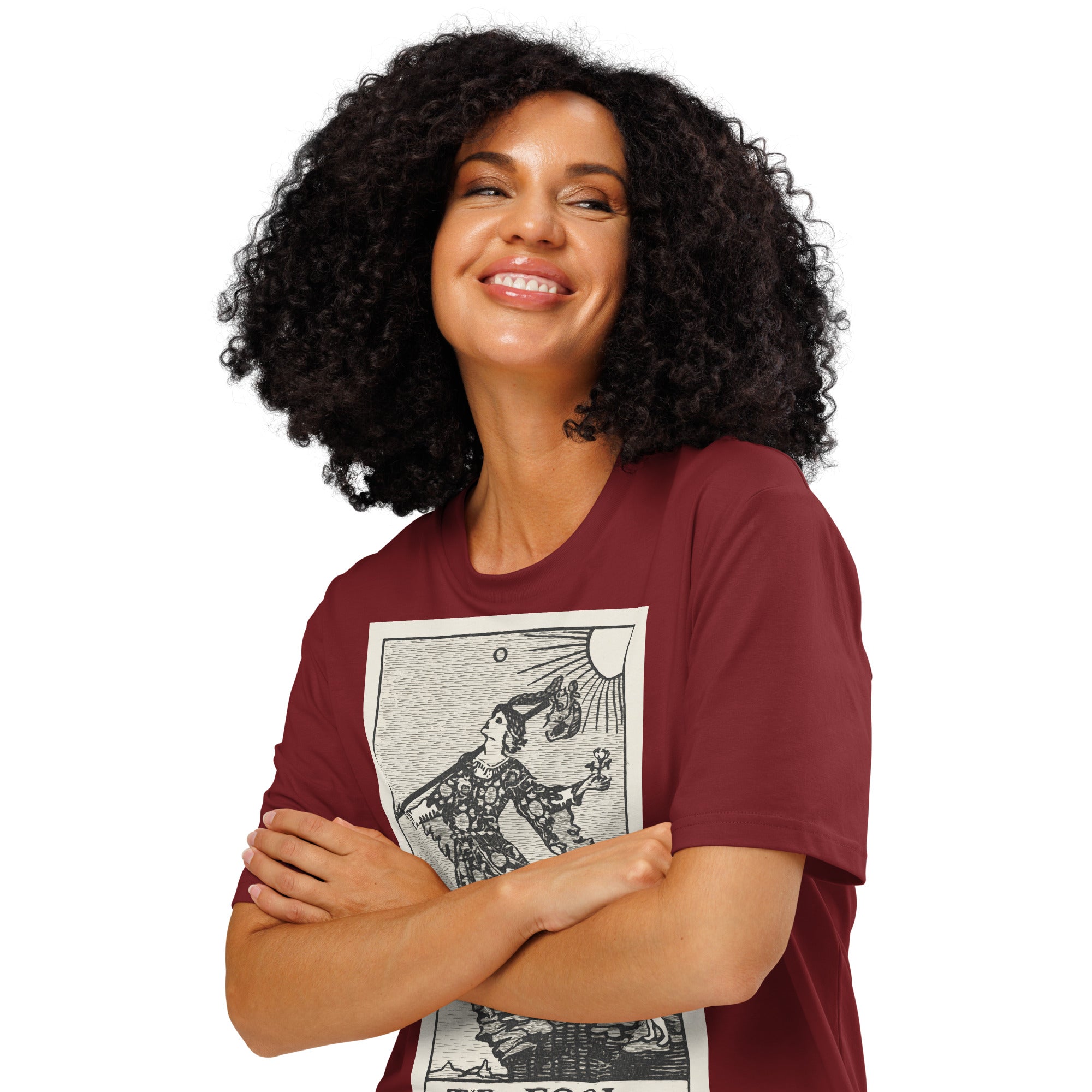 Heavyweight organic cotton t-shirt with The Fool tarot illustration rendered in modern woodcut style.