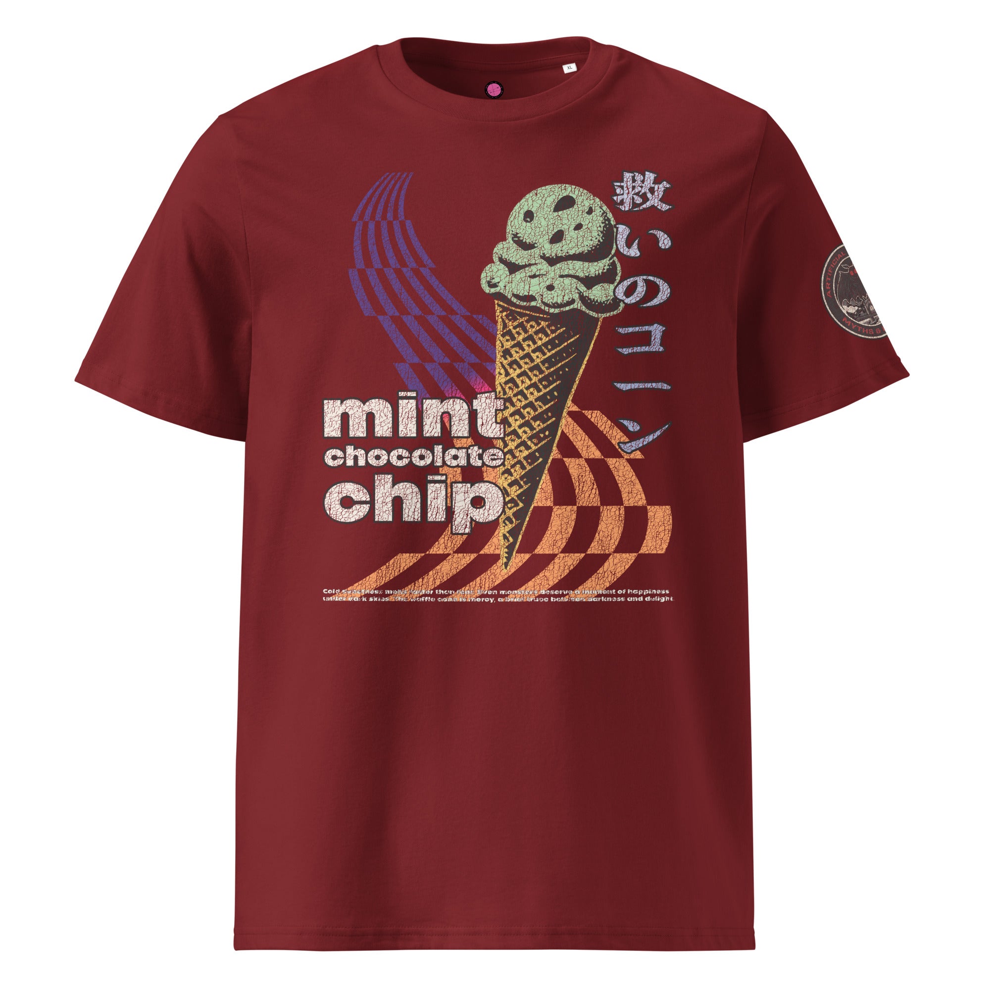 The front of a burgundy heavyweight tee featuring the words "mint chocolate chip" wit a neon mint chip cone and the Japanese kanji 救いのコーン (Sukui no kōn) — “Cone of Salvation.”