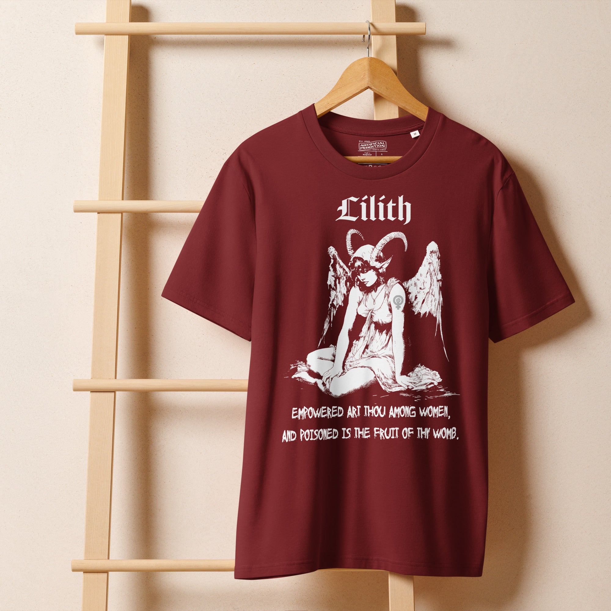 Heavyweight organic cotton t-shirt with black-and-white Lilith illustration and gothic text.