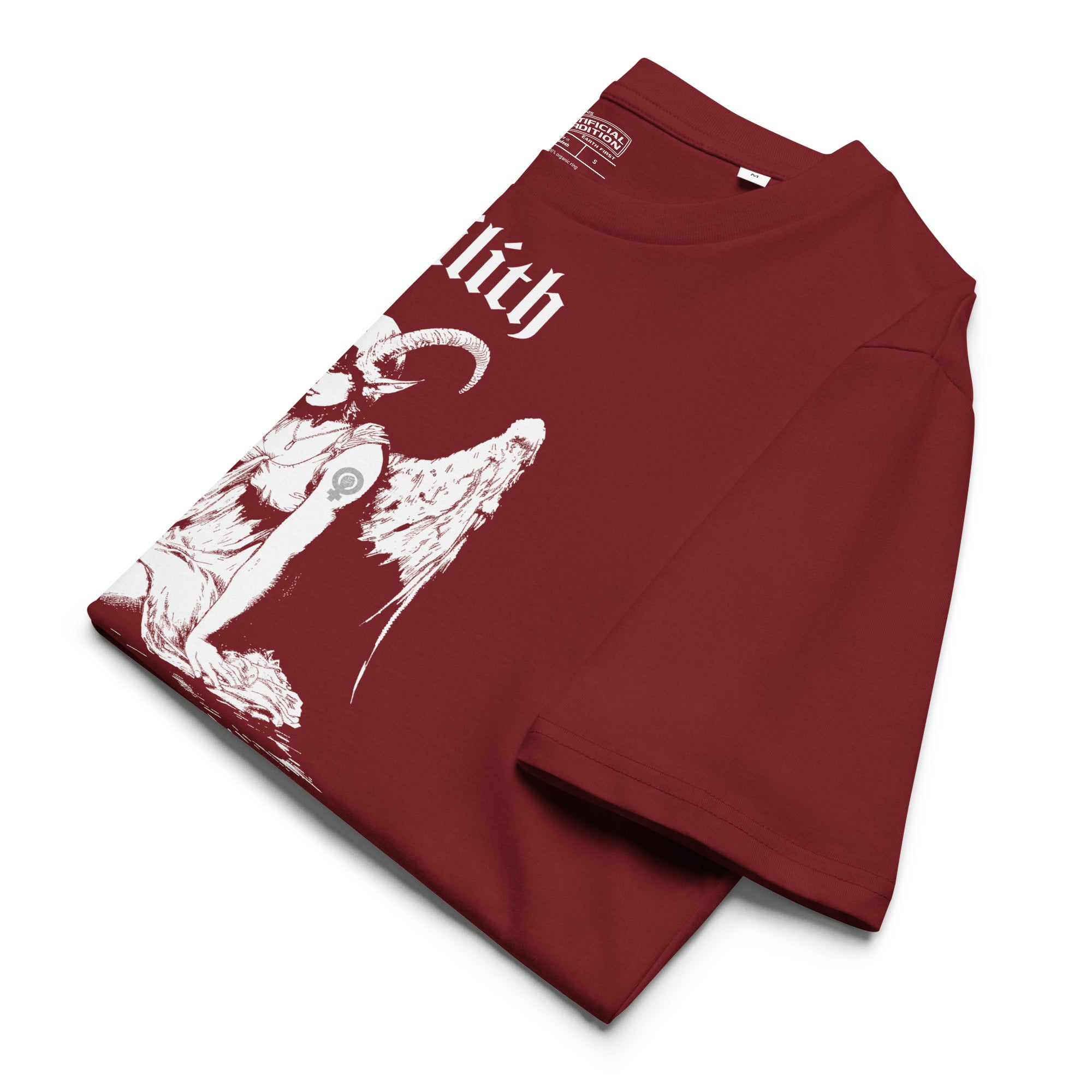 Heavyweight organic cotton t-shirt with black-and-white Lilith illustration and gothic text.