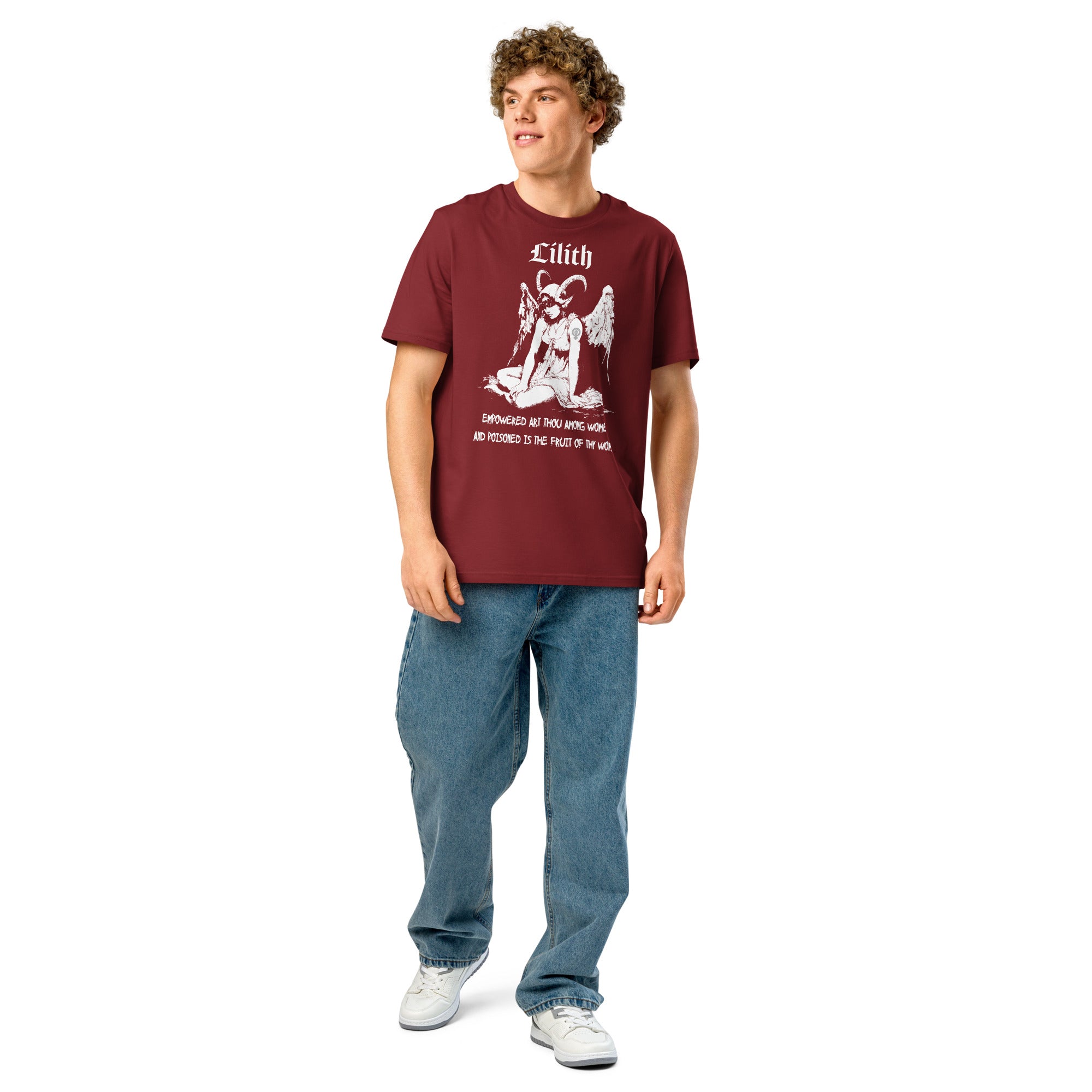 Heavyweight organic cotton t-shirt with black-and-white Lilith illustration and gothic text.