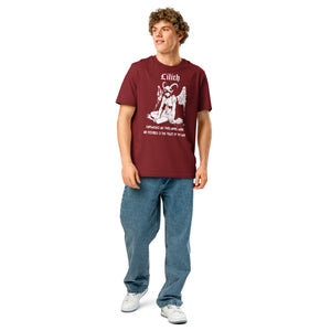 Heavyweight organic cotton t-shirt with black-and-white Lilith illustration and gothic text.