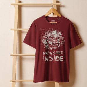 Black heavyweight organic cotton t-shirt featuring horned monster emerging from a ritual circle with fragmented script.