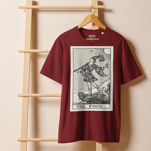 Heavyweight organic cotton t-shirt with The Fool tarot illustration rendered in modern woodcut style.
