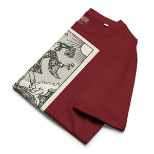 Heavyweight organic cotton t-shirt with The Fool tarot illustration rendered in modern woodcut style.