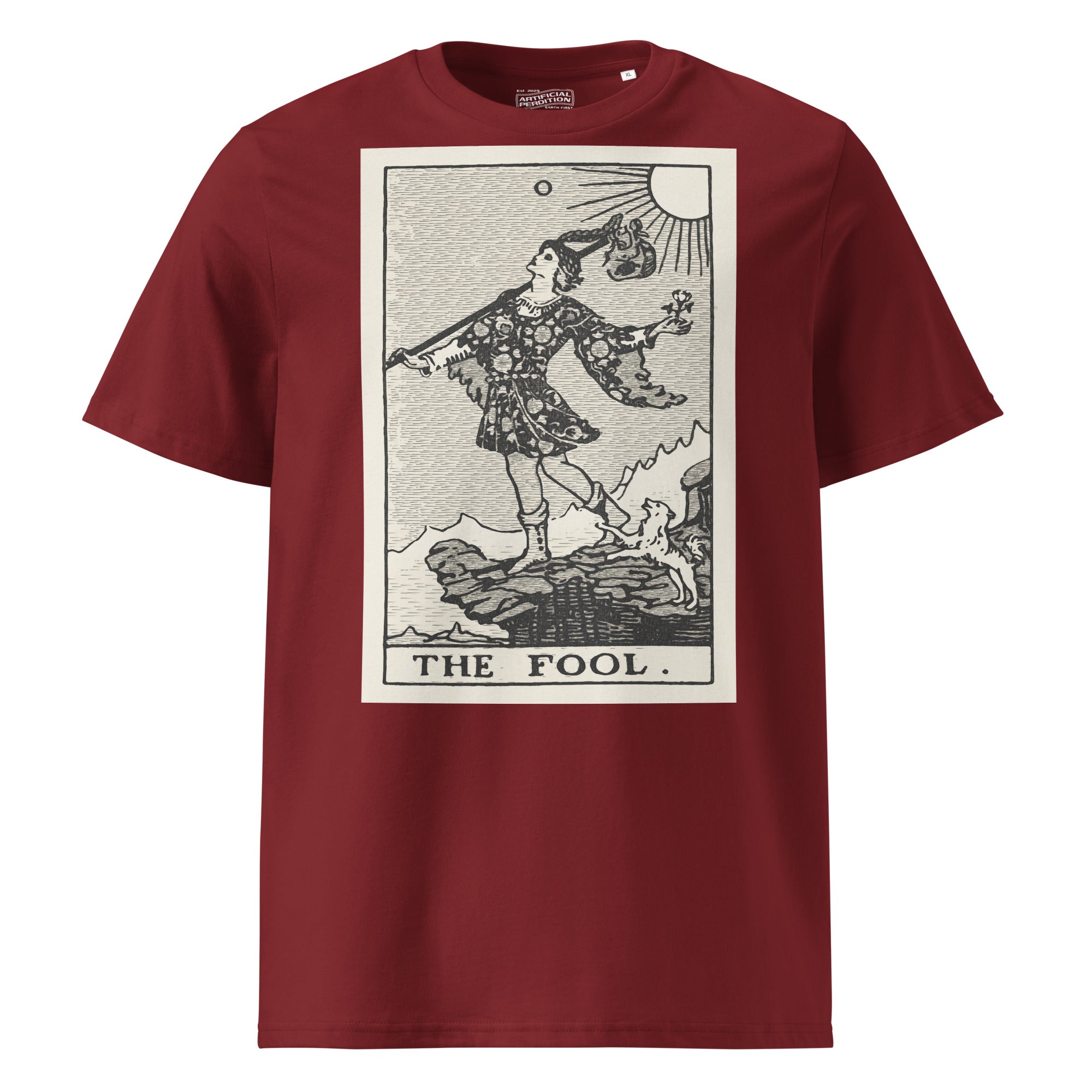 Heavyweight organic cotton t-shirt with The Fool tarot illustration rendered in modern woodcut style.