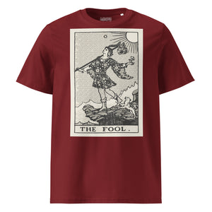 Heavyweight organic cotton t-shirt with The Fool tarot illustration rendered in modern woodcut style.