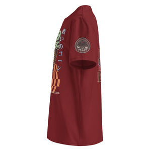 The side view of a burgundy heavyweight tee featuring  the a circular badge of mothman over a bridge with the words "artificial perdition | myths & legends."