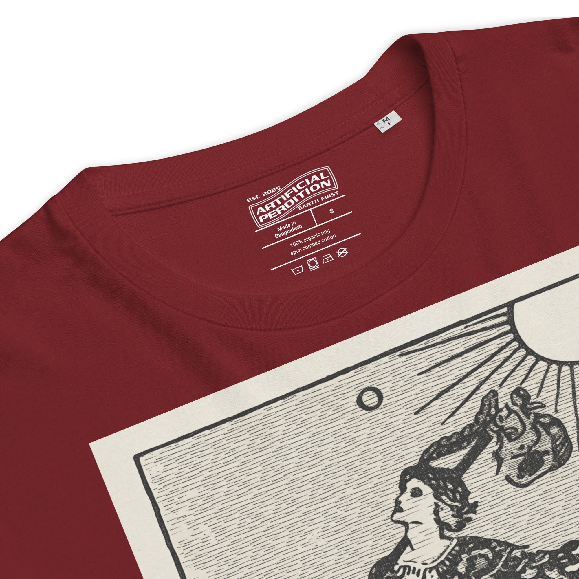 Heavyweight organic cotton t-shirt with The Fool tarot illustration rendered in modern woodcut style.