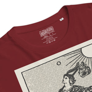 Heavyweight organic cotton t-shirt with The Fool tarot illustration rendered in modern woodcut style.