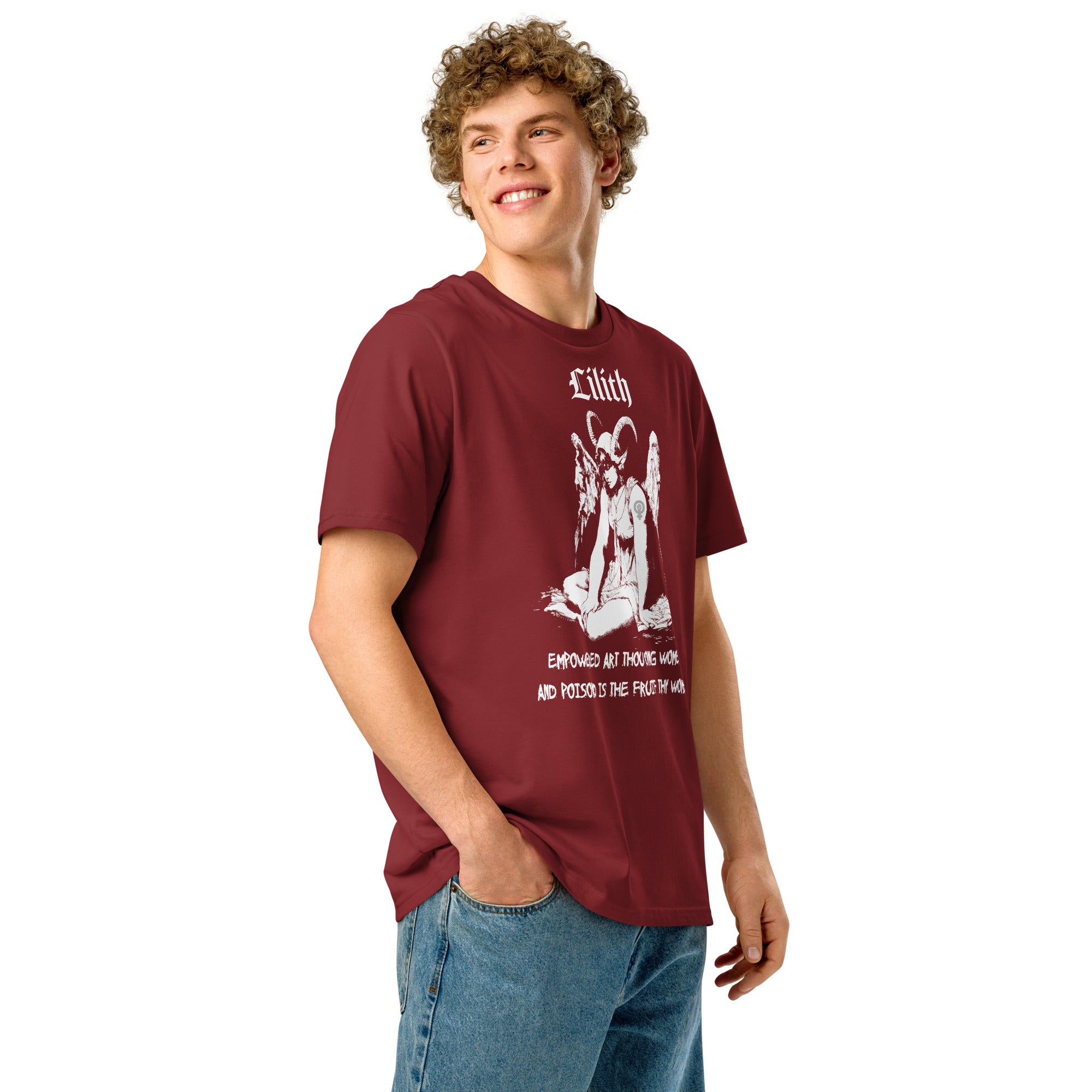 Heavyweight organic cotton t-shirt with black-and-white Lilith illustration and gothic text.