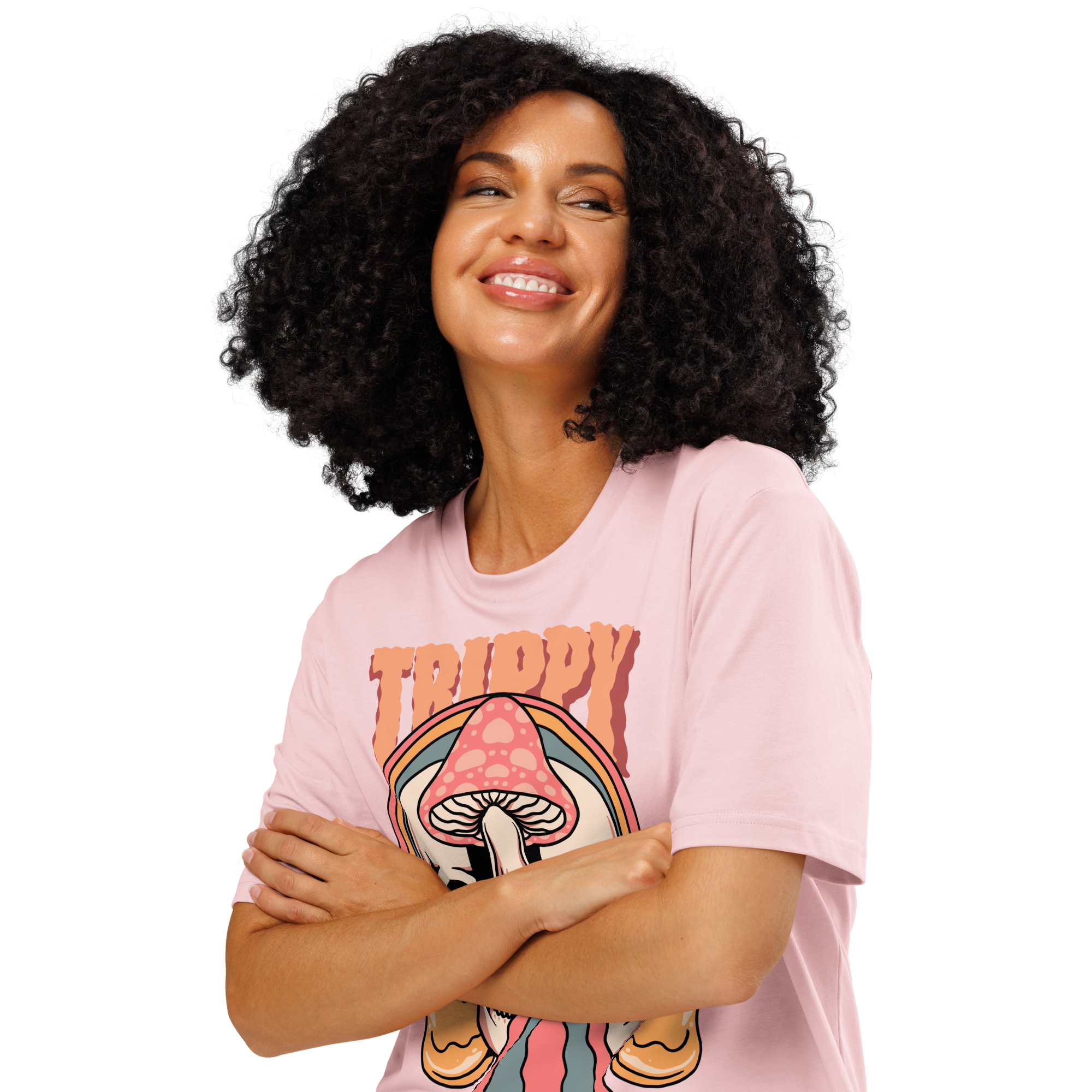 Heavyweight organic cotton t-shirt featuring a split skull pierced by a pink mushroom, with melting psychedelic shapes and small smiley faces.